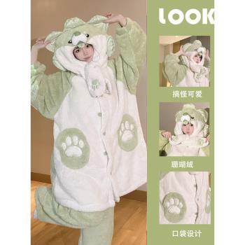 睡袍女秋冬季法蘭絨加厚珊瑚絨睡衣2025新款可愛蔬菜狗家居服套裝