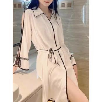 睡裙女2025年新款春秋冬季長袖冰絲性感蕾絲睡衣夏高級感家居服
