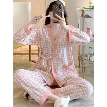 和服睡衣女春秋冬季純棉長袖2025年新款夏天千鳥格性感開衫家居服