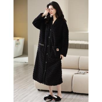 睡袍女秋冬珊瑚絨家居服睡裙法蘭絨加厚加絨浴袍晨袍睡衣長款黑色