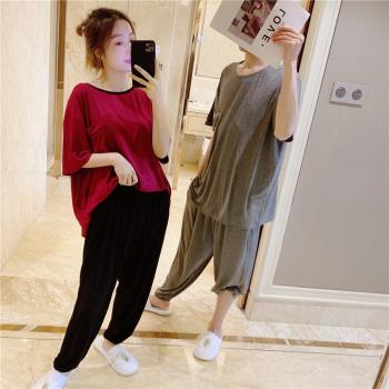 夏季情侶短袖睡衣女薄款莫代爾簡約家居服大碼200斤收腳長褲套裝