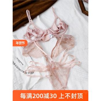 蝴蝶結綁帶鏤空粉色性感吊帶蕾絲內衣連體衣文胸套裝薄款