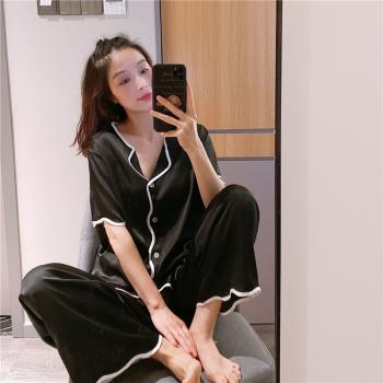 網紅ins短袖睡衣女薄款冰絲家居服簡約時尚絲綢胖mm大碼200斤套裝