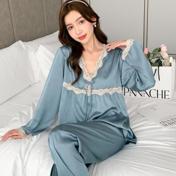 冰絲睡衣女春秋長袖 V領套頭絲綢薄款蕾絲花邊性感女士家居服套裝