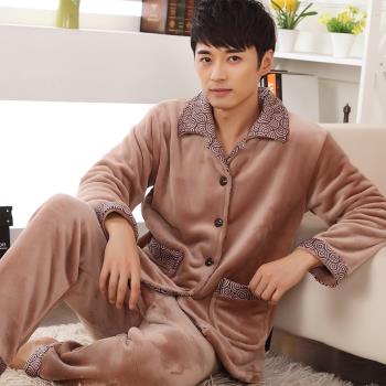 珊瑚絨睡衣男冬季加厚加絨中年高檔法蘭絨家居服套裝加肥加大冬天
