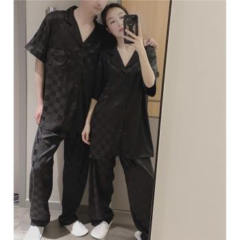 網紅ins慵懶風短袖情侶睡衣薄款冰絲格子家居服大碼200斤長褲套裝