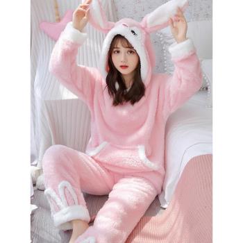 法蘭絨睡衣女秋冬季2025年新款加厚珊瑚絨連帽帶耳可愛家居服套裝