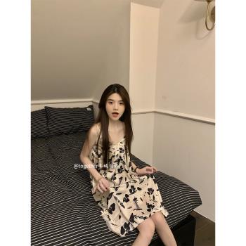 復古新中式睡裙女夏天冰絲新款舒適帶胸墊純欲吊帶睡衣中長款裙子