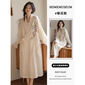 2024年新中式國風刺繡棉紗睡袍女春秋季寬松純棉睡衣長款浴袍晨袍