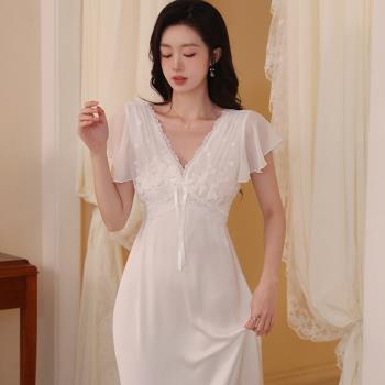 白色仙女風睡衣女2024夏季高級冰絲綢性感蕾絲公主短袖長睡裙薄款