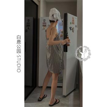 ins韓風條紋性感吊帶睡裙睡衣女夏天2025新款大碼純欲風居家短裙