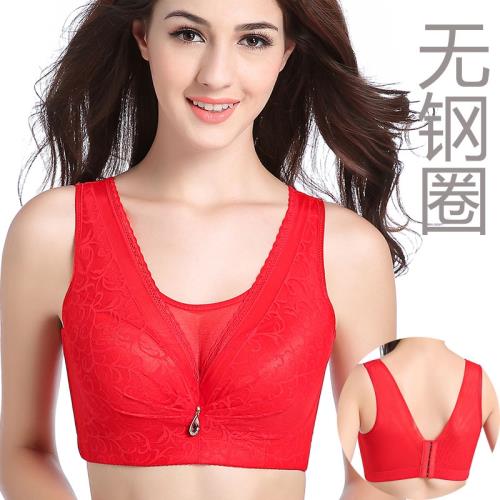 無鋼圈胖背心聚攏薄款大胸收副乳文胸內衣防走光抹胸大紅色本命年
