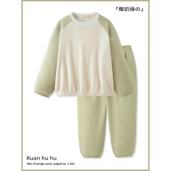 簡約高階感珊瑚絨睡衣女款秋冬季加厚法蘭絨套頭薄絨束口家居服天