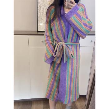 軟綿綿半邊絨珊瑚絨撞色條紋開衫系帶長袖可愛睡袍寬松睡衣家居服