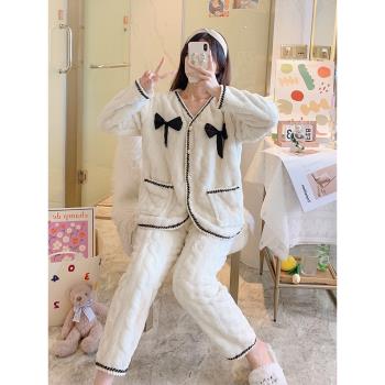 睡衣女秋冬季可愛2023年新款長袖開衫蝴蝶結珊瑚絨兩件套裝居家服