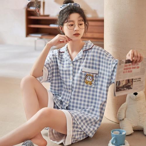 淺藍格子2025年新款睡衣女士夏款短袖短褲套裝學生可愛大碼家居服