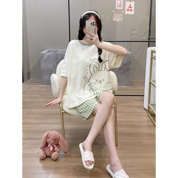 可愛可外穿睡衣女生夏季短袖兔子純棉2023年新款寬松薄家居服套裝