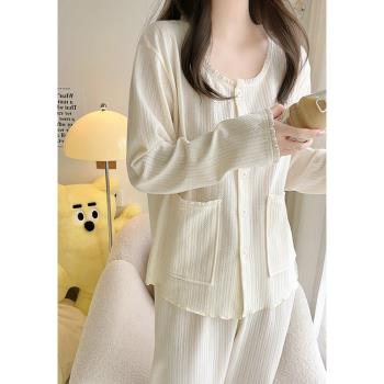 無領純棉長袖套裝冬天居家服睡衣