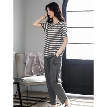 女純棉條紋長褲休閑家居服睡衣