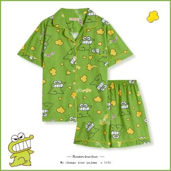 鱷魚餅干睡衣女夏季純棉短袖網紅卡通可愛日系ins綠色家居服套裝