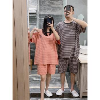 日系短袖情侶睡衣薄款純棉家居服大碼胖mm200斤顯瘦條紋短褲套裝