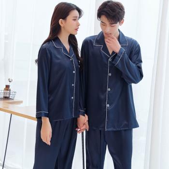 冰絲情侶睡衣女春秋款模擬絲綢緞夏季長袖韓版薄款男士家居服套裝