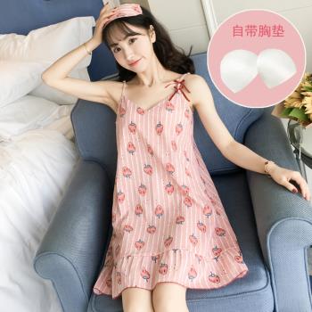 吊帶睡衣女夏季短袖純棉綢韓版性感清新甜美學生帶胸墊睡裙家居服