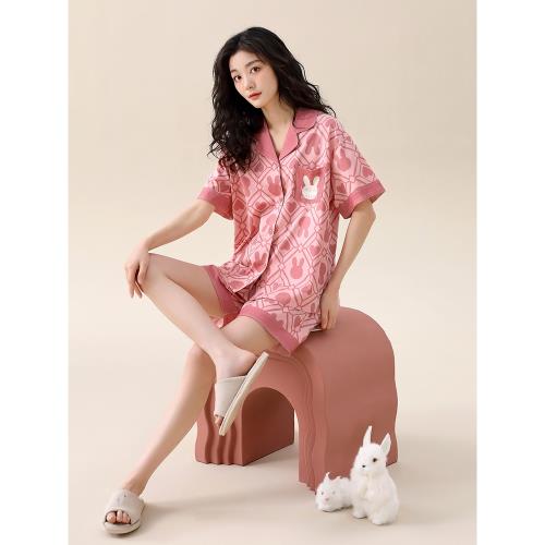 氧時間睡衣女夏季新款純棉薄款短袖短褲開衫套裝全棉可外穿家居服