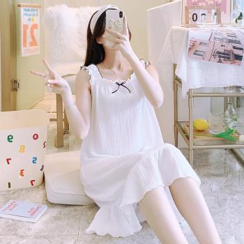 白色吊帶睡裙少女夏季純棉雙層紗布薄款純欲公主風甜美小個子睡衣