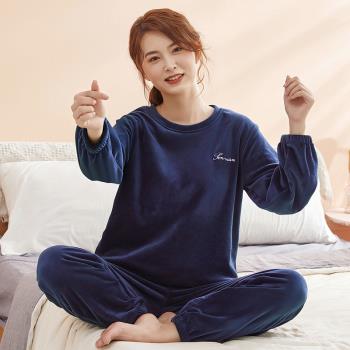 薄款珊瑚絨秋冬季睡衣女法蘭絨加絨短絨海島絨薄絨圓領家居服套裝