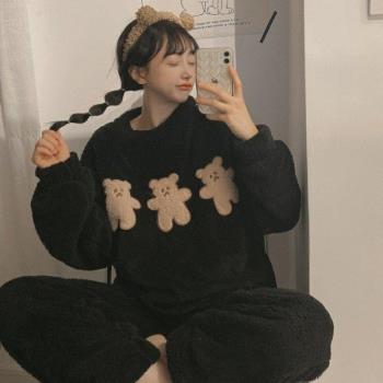 珊瑚絨睡衣女秋冬加厚加絨長袖套裝可愛卡通小熊法蘭絨冬天家居服