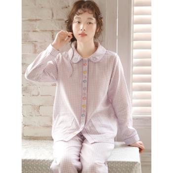 『眠島』睡衣女新款小翻領純棉紗布甜美刺繡雙層紗布家居服套裝