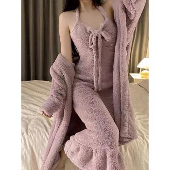 睡衣女秋冬季加厚珊瑚絨高級感性感睡裙睡袍兩件套裝法蘭絨家居服