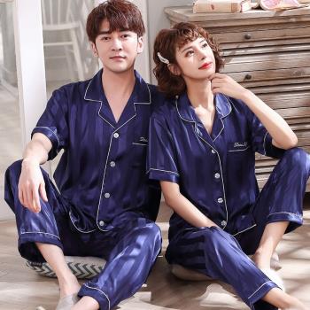情侶睡衣夏季冰絲薄款短袖長褲懷孕婦女男家居服套裝奢華中年春秋