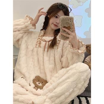 公主風珊瑚絨睡衣少女秋冬季加厚加絨小棕熊可愛網紅風家居服套裝