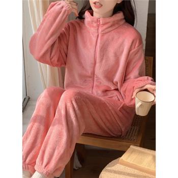 牛奶絨睡衣女秋冬季新款加厚加絨純色珊瑚絨家居服套裝2025新款