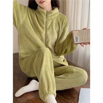 冬季拉鏈珊瑚絨睡衣女秋冬牛奶絨加絨加厚冬天家居服兩件套裝保暖