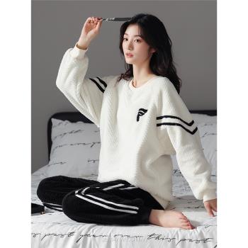 氧時間珊瑚絨睡衣女秋冬季加厚法蘭絨保暖休閑簡約女士家居服套裝