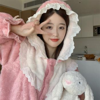 秋冬季睡衣女2025年新款加厚加絨珊瑚絨蕾絲花邊甜美可外穿家居服