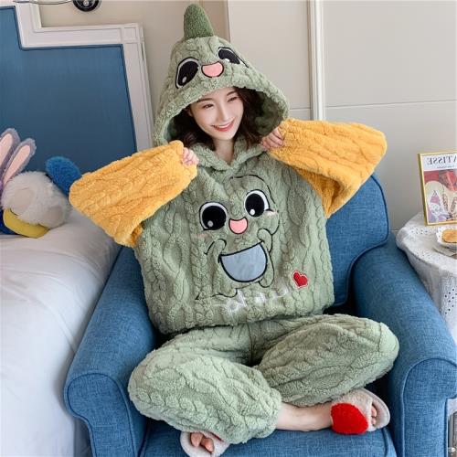 恐龍睡衣女冬加厚保暖珊瑚絨春秋2025年新款冬季加絨法蘭絨家居服