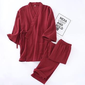 夏男開衫雙層紗布紅色本命年和服