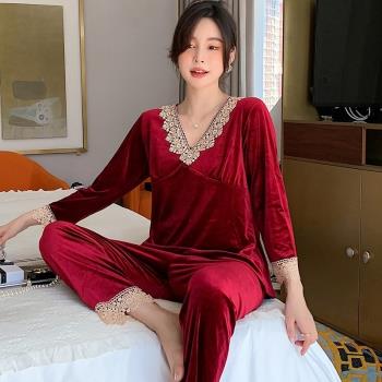 蕾絲睡衣女金絲絨保暖春秋冬季加厚紅色結婚新婚本命年家居服套裝
