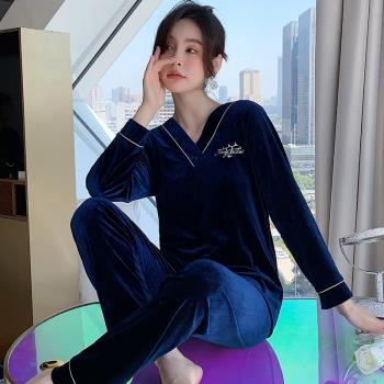 雙面絨保暖睡衣女金絲絨春秋冬季套頭圓領加厚款海島絨家居服套裝