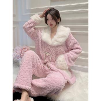 女甜美公主毛領中國風法蘭絨睡衣