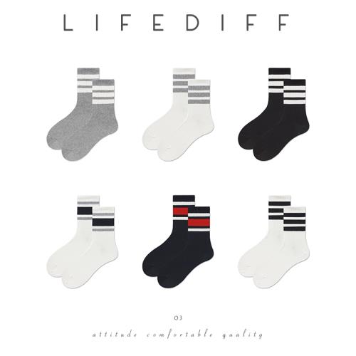 新疆棉襪男士中筒襪春季長襪男純棉運動襪黑白灰色襪子三杠條紋襪