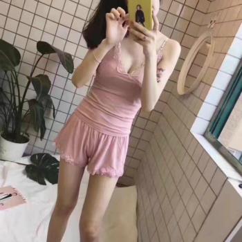 晚安女吊帶背心套裝羅紋彈力睡衣