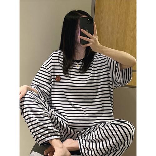 短袖睡衣女夏薄款純棉圓領透氣小兔家居服大碼胖mm200斤長褲套裝