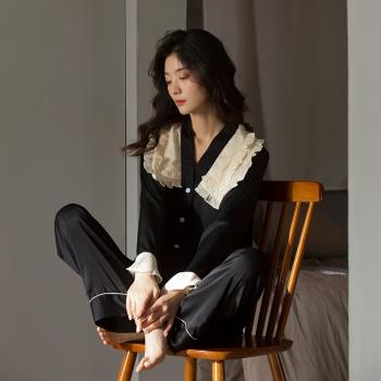 冰絲睡衣女長袖春秋季2023年新款復古荷葉邊可外穿夏天家居服套裝