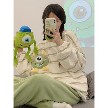 2025新款秋冬季天珊瑚絨加絨加厚可愛條紋套裝睡衣女法蘭絨家居服