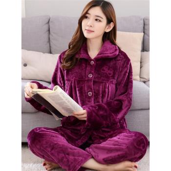中老年睡衣女冬季長袖加厚珊瑚絨秋冬款中年媽媽法蘭絨家居服套裝